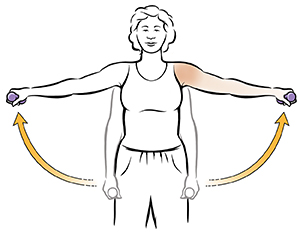 Woman doing side raise shoulder exercise with hand weights.